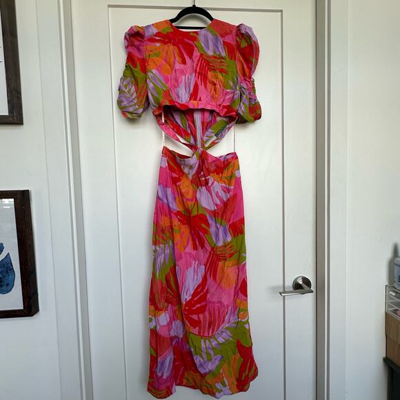 NWT Farm Rio Colorful Leaves Midi Dress Summer Multicolor Cutout Size Small - Picture 4 of 16